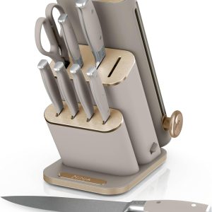 Ninja® NeverDull® 10-Pc German Steel Knife Set, Stone Gold, NK32010SD1 | Stays razor-sharp 10+ years. Premium German steel. Removable sharpener stores in a drawer saving up to 35% more counter space