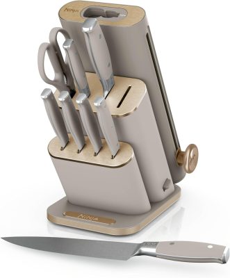 Ninja® NeverDull® 10-Pc German Steel Knife Set, Stone Gold, NK32010SD1 | Stays razor-sharp 10+ years. Premium German steel. Removable sharpener stores in a drawer saving up to 35% more counter space