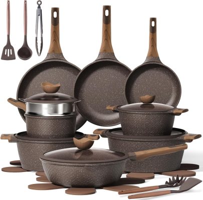 CAROTE 26pcs Pots and Pans Set, Nonstick Cookware Sets | Induction Kitchen Cooking Set, Special Texture Design, Ultra Durable, Easy Food Release, Even Heating, with Frying Pans Set