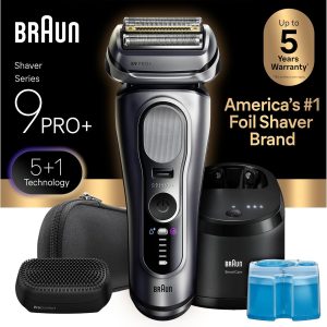 Braun Series 9 PRO+ Electric Shaver for Men, Wet & Dry Foil Razor, 6-in-1 SmartCare Clean & Charge Center, Built-in Precision ProTrimmer, ProComfort Attachment, Travel Case, Silver 9697cc