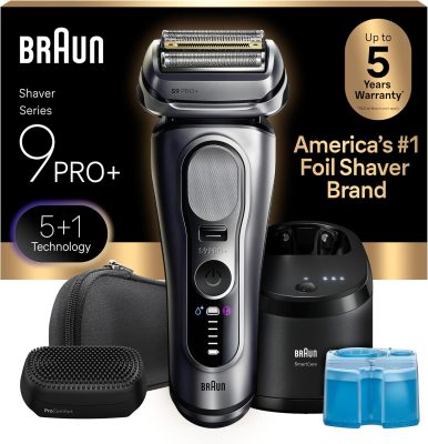 Braun Series 9 PRO+ Electric Shaver for Men, Wet & Dry Foil Razor, 6-in-1 SmartCare Clean & Charge Center, Built-in Precision ProTrimmer, ProComfort Attachment, Travel Case, Silver 9697cc